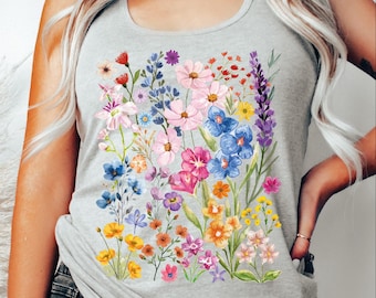 Boho Cottagecore Racerback, Women Floral Top Tank, Botanical Crop Tank, Wildflowers Tank, Gift for Mother , Mother Day Flowers Shirt