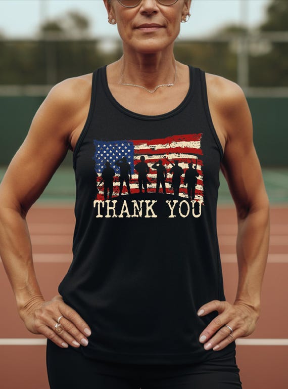 Patriotic Thank You Racerback and Vneck, USA Military Tribute Racerback, Memorial Day Tank Top, Usa Flag 4th of July Racerback, L334