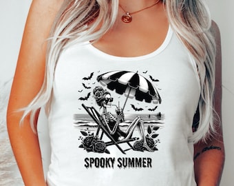 Spooky Summer Racerback Tank Top, Woman Skeleton Crop Tank, Flowers Shirt, Bat Shirt, Funny Gothic Racerback, Floral Skull Crop Tank L005