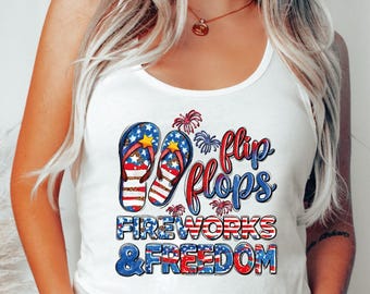 Flip Flops Fireworks and Freedom Raverback Tank Top, Floral USA Crop Tank Top, Independence Day Racerback for Women, LS946