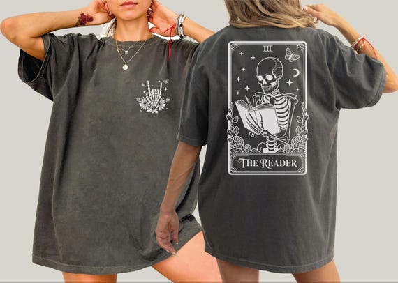 Comfort Colors The Reader Tarot Card Shirt, Skeleton Reading Tee, Bookish Gift, Tarot Lover