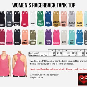 The image is a collage of various women's racerback tank tops in different colors and styles, along with a size chart and a description of the materials and weight of the tops.