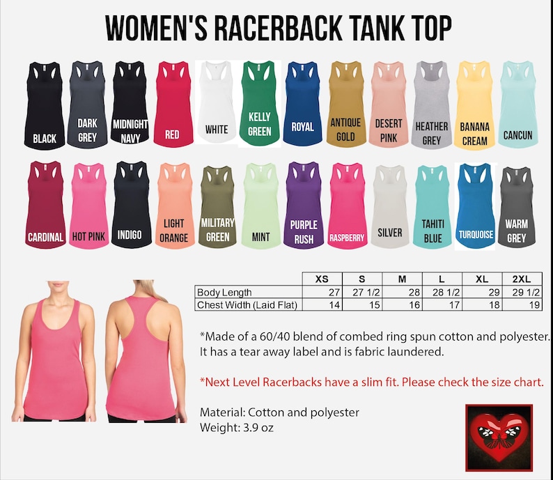 The image is a collage of various women's racerback tank tops in different colors and styles, along with a size chart and a description of the materials and weight of the tops.