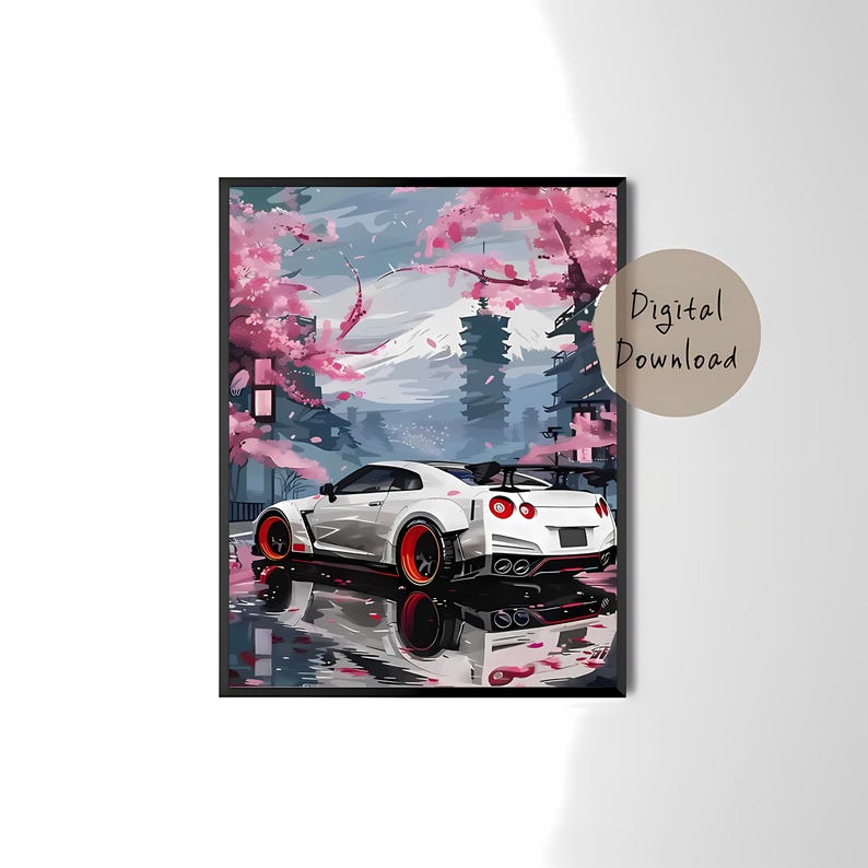 JDM Nissan GT-R R35 Poster - White Drift Car in Sakura Street With Mt ...