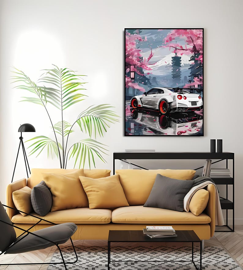JDM Nissan GT-R R35 Poster - White Drift Car in Sakura Street With Mt ...