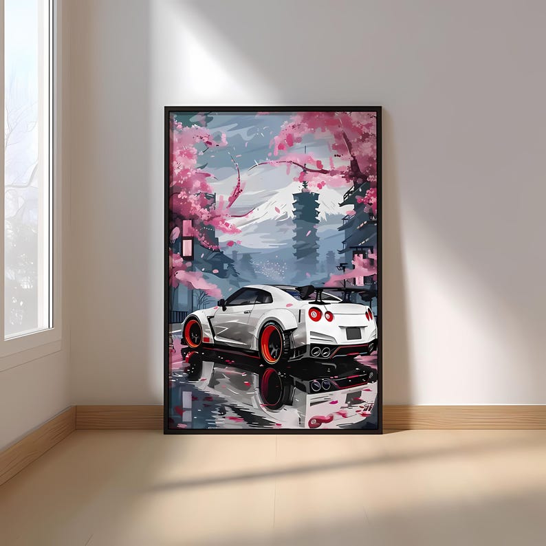 JDM Nissan GT-R R35 Poster - White Drift Car in Sakura Street With Mt ...