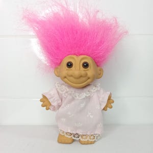 Vintage 5&quot; Russ Troll Doll Pink Floral Night Gown Pink Hair Brown Eyes | Unique Gift Idea | Retro Nostalgia Retro Toys