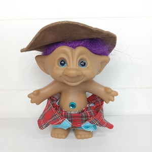 Vintage 5&quot; Ace Novelty Treasure Troll Doll Cowboy Farmer Ranch Hand Purple Hair Light Blue Eyes | Blue Circle Jewel | Retro Toys Trolls