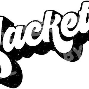 May include: A graphic design featuring the word "Jackets" in a bold, white, retro-style font. The text is set against a textured black background with a subtle, distressed effect, creating a vintage aesthetic. The design is suitable for apparel.