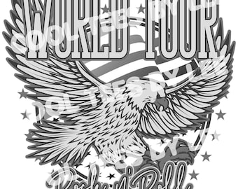 May include: A black and white illustration of an eagle with its wings spread wide, flying over a stylised American flag. The text "WORLD TOUR" is above the eagle, and the text "Rock 'n' Roll" is below the eagle.