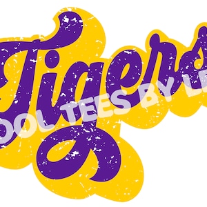 May include: Purple "Tigers" text with a distressed, vintage look on a yellow background. The text is in a bold, cursive font. The words "Cool Tees By Lee" are printed in a smaller font below the word "Tigers".