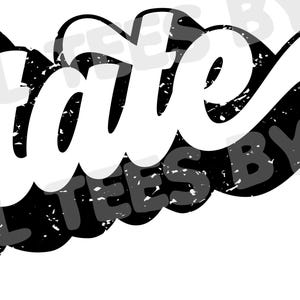 May include: Black and white graphic design with the word "State" in a retro, stylized font.