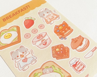 Breakfast Cat Sticker Sheet, Cute Food Planner Stickers