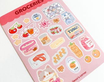 Groceries Cat Sticker Sheet, Cute Food Planner Stickers