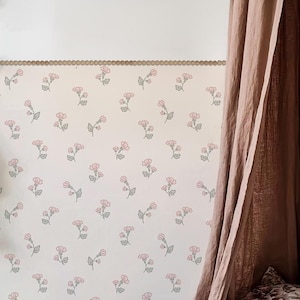 Carta da parati floreale vintage, arredamento per cameretta dei bambini femminile, modanature in legno