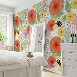 Papier peint en tissu avec de grandes fleurs colorées