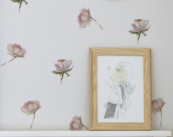 Vintage blühende rosa Rosen und Pfingstrosen-Wandaufkleber, mädchenhafte Kinderzimmer-Wandaufkleber