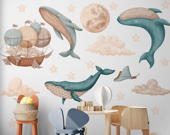 Watercolor Ocean Nursery Wall Decals: Whales, Moon, Stars, Balloons * US orders ship DDP*