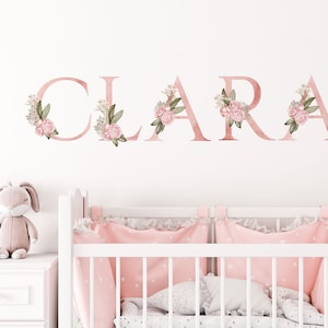 Calcomanía de pared con letras florales, calcomanía con nombre de niña para guardería, pegatinas florales con nombre personalizado