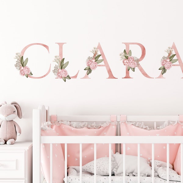 Sticker mural lettre floral, sticker prénom fille de chambre d'enfant pour mur, stickers floraux nom personnalisé