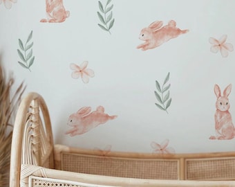 Floral Bunny Wall Decals, Cottagecore Rabbit Nursery Wallpaper, *US orders ship DDP*