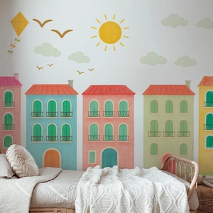 Colorful Paris city buildings extra large wall decals, pink yellow gender neutral kids nursery city wall mural, boy playroom decor
