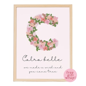 Nombre inicial floral personalizado dibujado a mano, regalo de Navidad para niña recién nacida para guardería