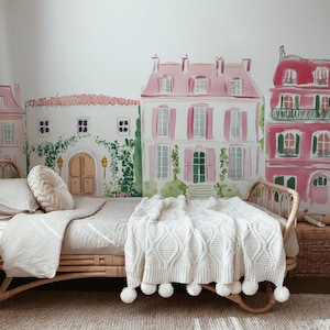 Adesivi murali extra large con edifici della città di Parigi, murale rosa per bambini, per cameretta dei bambini