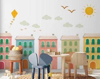 Colorful city buildings extra large wall decals + plywood roofs, gender neutral kids nursery city wall mural, boy playroom decor