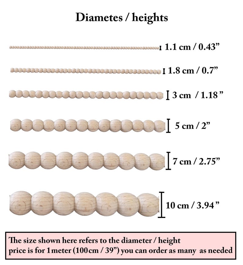 Wooden bead strands in various sizes with diameter measurements in inches and centimeters