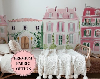 Adesivi murali in tessuto con edifici della città di Parigi, murale rosa per cameretta da bambina *Gli ordini negli Stati Uniti vengono spediti tramite DDP*