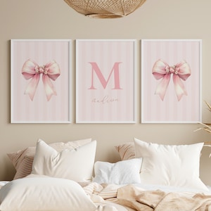 set of 3 Pink Bow Wall Art, Custom Initial Name poster, Pink Nursery Set of 3 framed Bow Watercolor Print *US orders ship DDP*