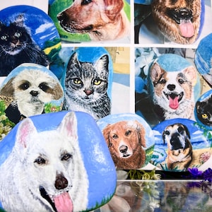 Custom hand-painted stone with a portrait of your pet or favorite animal. A personal memorial stone that lasts forever.