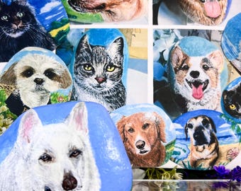 Custom hand-painted stone with a portrait of your pet or favorite animal. A personal memorial stone that lasts forever.