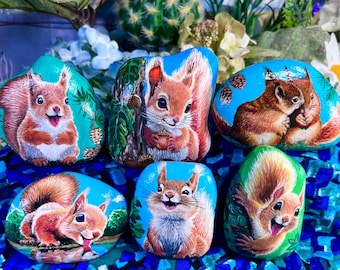 Hand-Painted Squirrel Rock: Acrylic Art, Decorative Paperweight