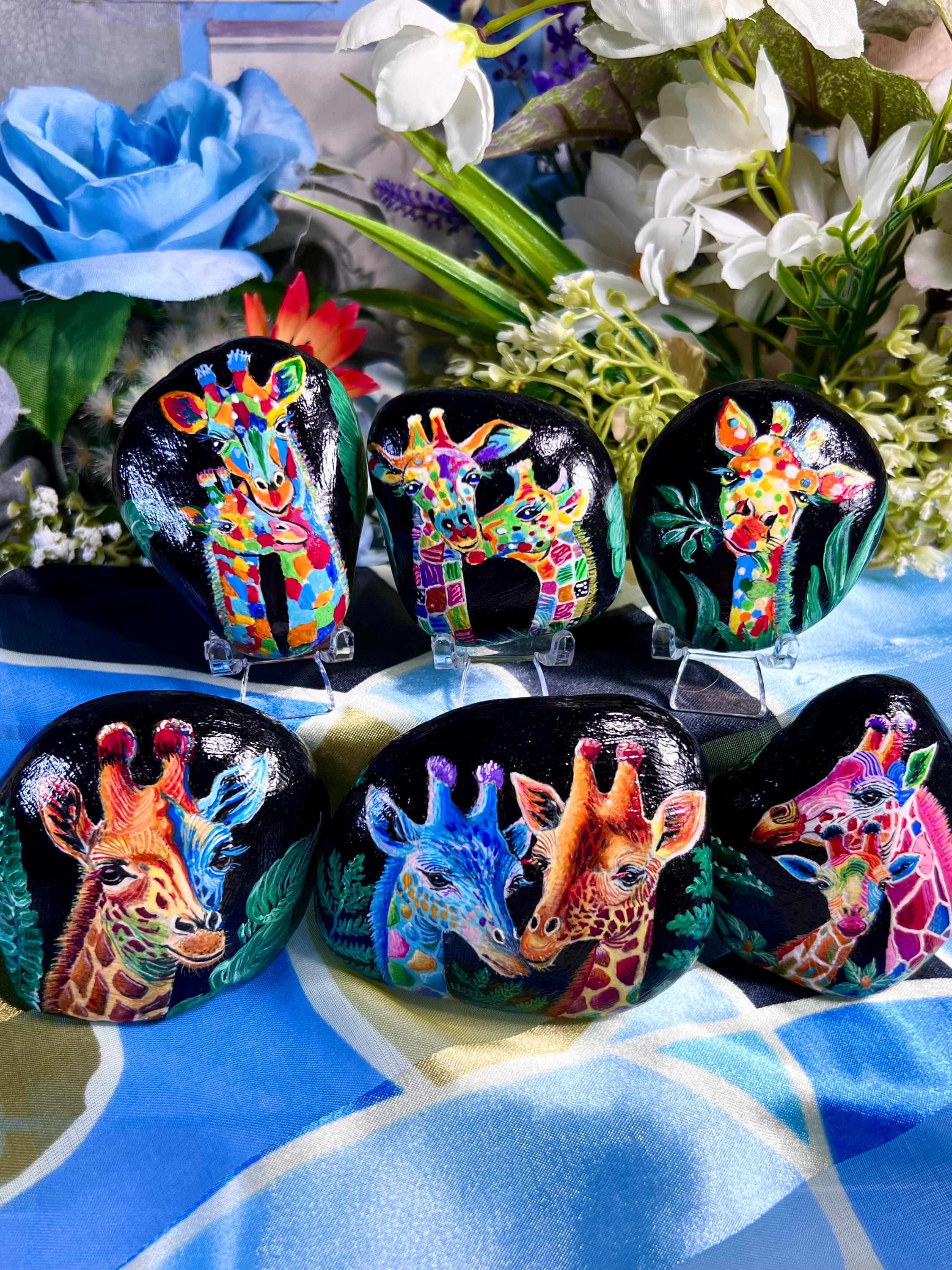 Colorful Giraffe Painted Rock. Beautiful, graceful and impressive, will bring you good luck.