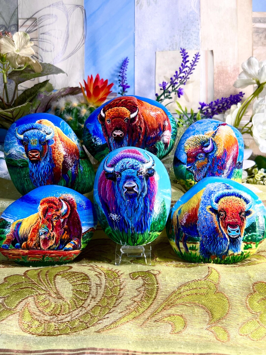 Hand-painted Bison Rock: Acrylic Art, Paperweight Decor - Etsy