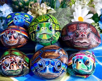 Hand-Painted Turtle Rock: Acrylic Art, Unique Paperweight