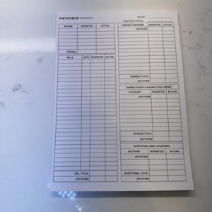 Puede incluir: Un papel blanco con una plantilla detallada de desglose de nómina. El documento incluye secciones para ingresos, facturas, gastos variables y ahorros, con columnas para importes presupuestados y reales. El texto incluye "Paycheck Breakdown" y "Paycheck Period".