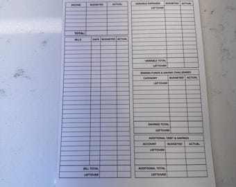 Peut inclure: Une feuille de papier blanche avec un modèle détaillé de ventilation de la paie. Le document comprend des sections pour les revenus, les factures, les dépenses variables et l'épargne, avec des colonnes pour les montants budgétisés et réels. Le texte comprend "Paycheck Breakdown".