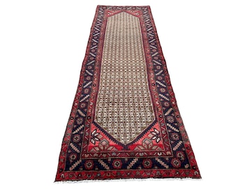 Handmade Wool Turkish Runner: 3.4x11.2 Ft Vintage Anatolian Rug