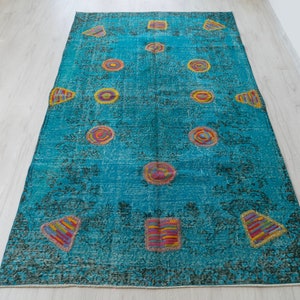 5x9 Blue Turkish Wool Rug: Vintage Faded Boho Area Rug
