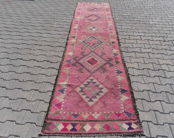 Long Pink Oushak Runner Rug: 3x13 ft Vintage Wool Anatolian Rug