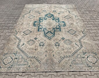7x10 Vintage Rug, Beige Turkish Area Rug, Living Room Rug, Boho Rug, Antique Rug, Decorative Rug, Bedroom Rug, Wool Anatolian Oushak Carpet