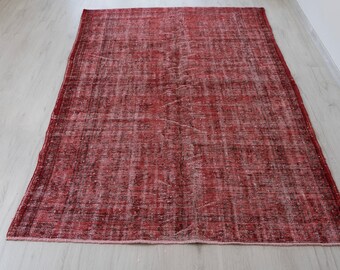 5x8 Vintage Turkish Rug: Red Wool Boho Area Rug