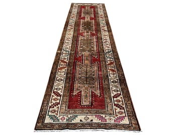 Brown Turkish Runner Rug: Handmade Wool Antique Oriental Runner (3.5x13.4 ft)