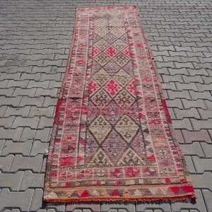 Pink Herki Runner Rug: Vintage Bohemian Wool Entryway Rug (3x12 ft)