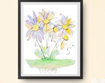 Bright Watercolor Floral Wall Art of 3 daisies in the ground with roots showing 6x8 Original Bouquet of Daisies Watercolor Artwork