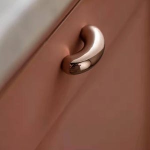 May include: A curved, polished metal handle, likely for a cabinet or drawer, is mounted on a surface. The handle has a smooth, reflective finish, and the surface is a muted, warm tone. The design is minimalist and modern.