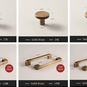 Puede incluir: Una colecci&oacute;n de herrajes para armarios de lat&oacute;n macizo, que incluye pomos y tiradores. Los pomos tienen 19 mm de di&aacute;metro y 20 mm de altura. Los tiradores miden entre 96 mm y 216 mm de largo. Los pesos se indican en gramos.